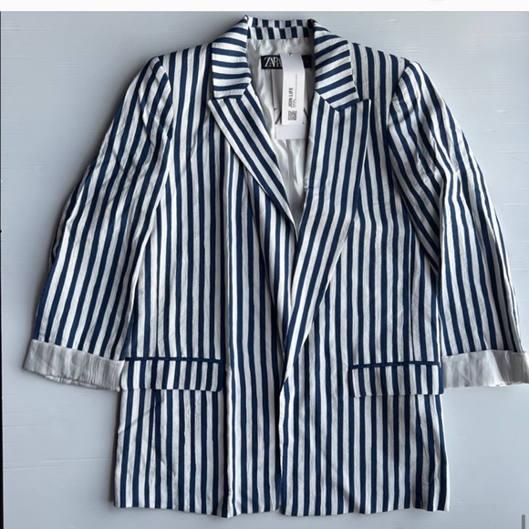 NWT ZARA STRIPED POCKETED BLAZER NAVY / WHITE | 7560/825 size Large - Picture 6 of 8